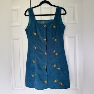 Cider Blue and Orange Embroidered Flowers Corduroy Mini Dress